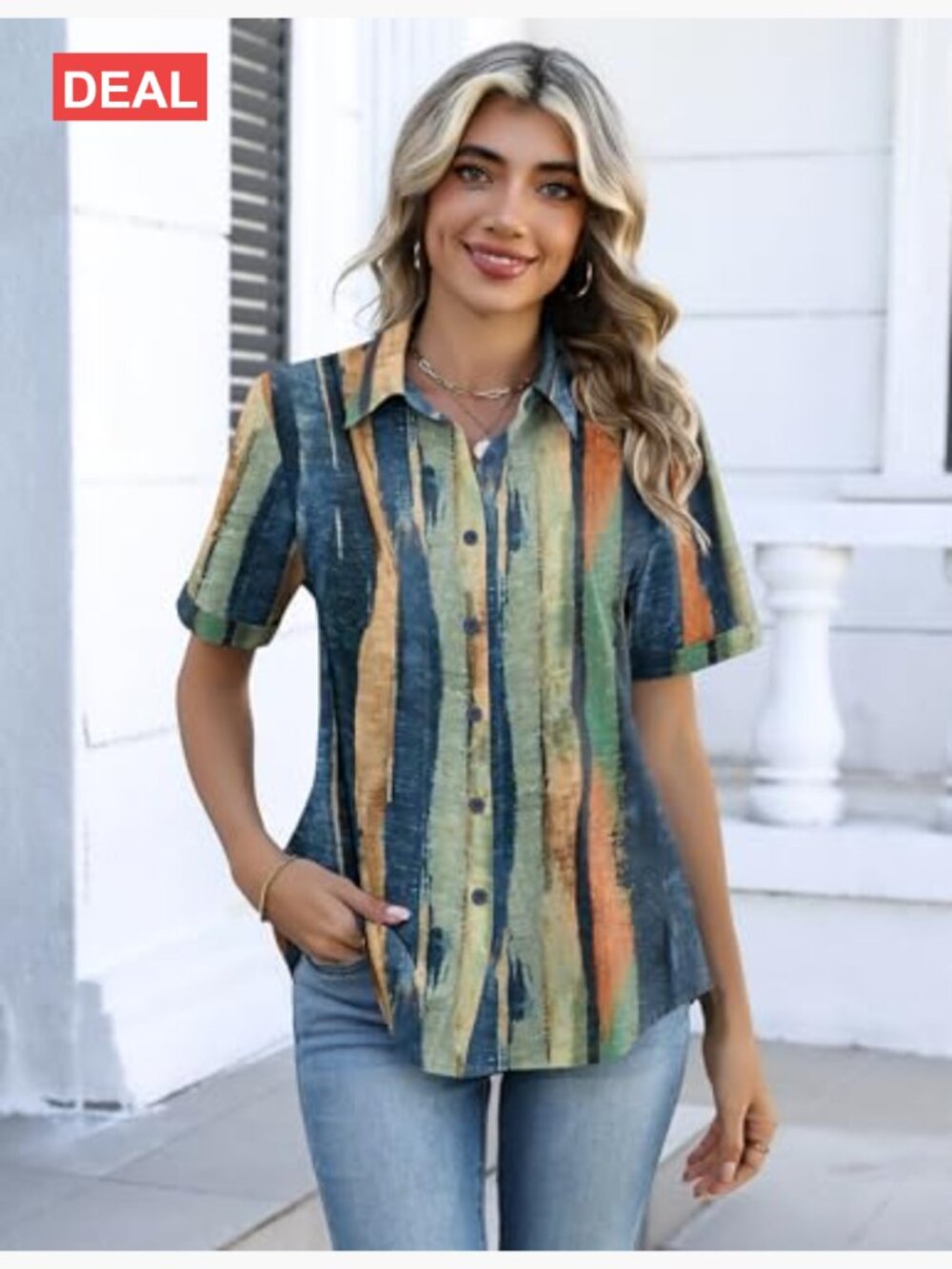 Short Sleeve V-Neck Button Down Blouse with Roll-Up Cuffs - Picture 5 of 7